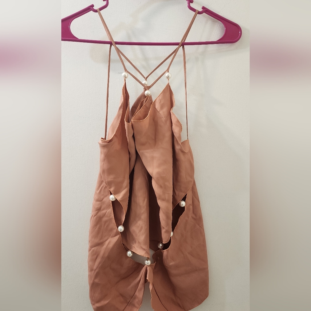 Brown Strappy Top with Pearl Accents